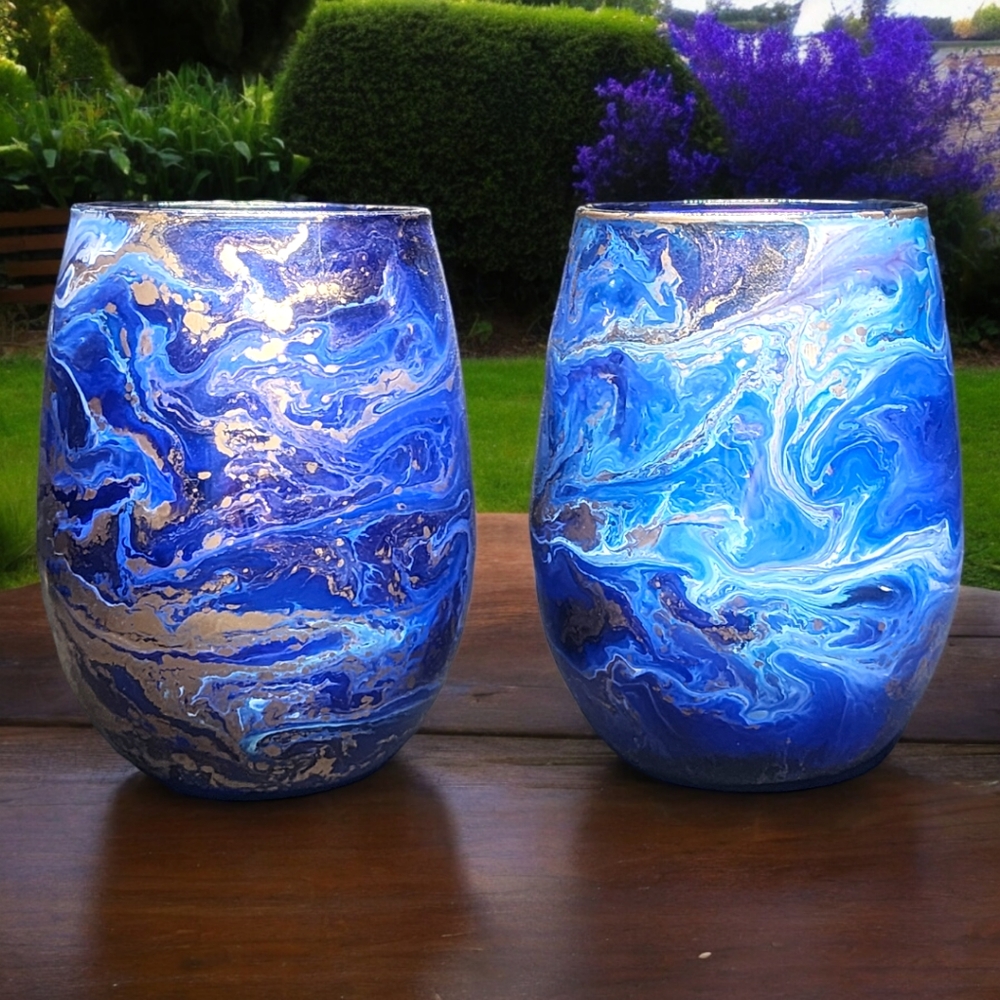 ((SOLD))Royal Blue & Gold/20oz Stemless Wine Set - Picture 1 of 4